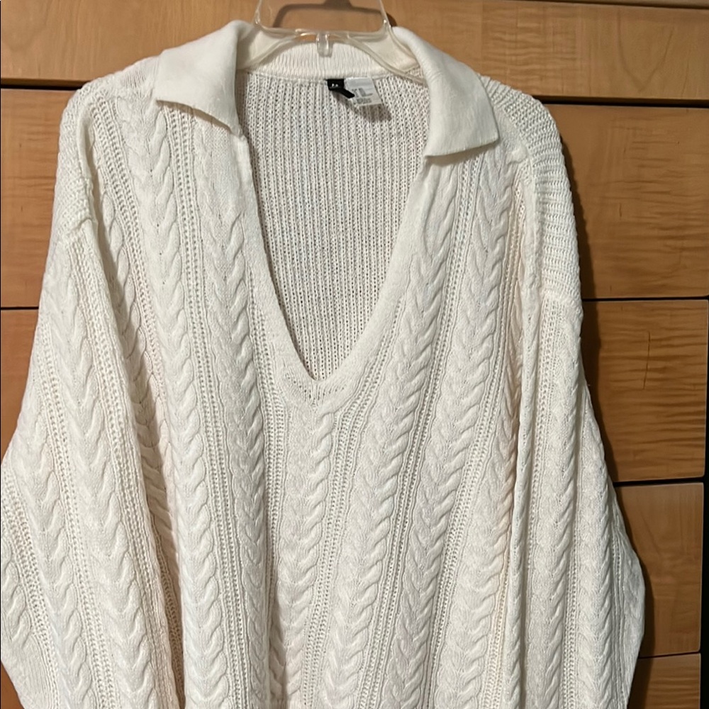 Divided Oversized Cream Cable Front Knit Vneck Sweater Size 3XL